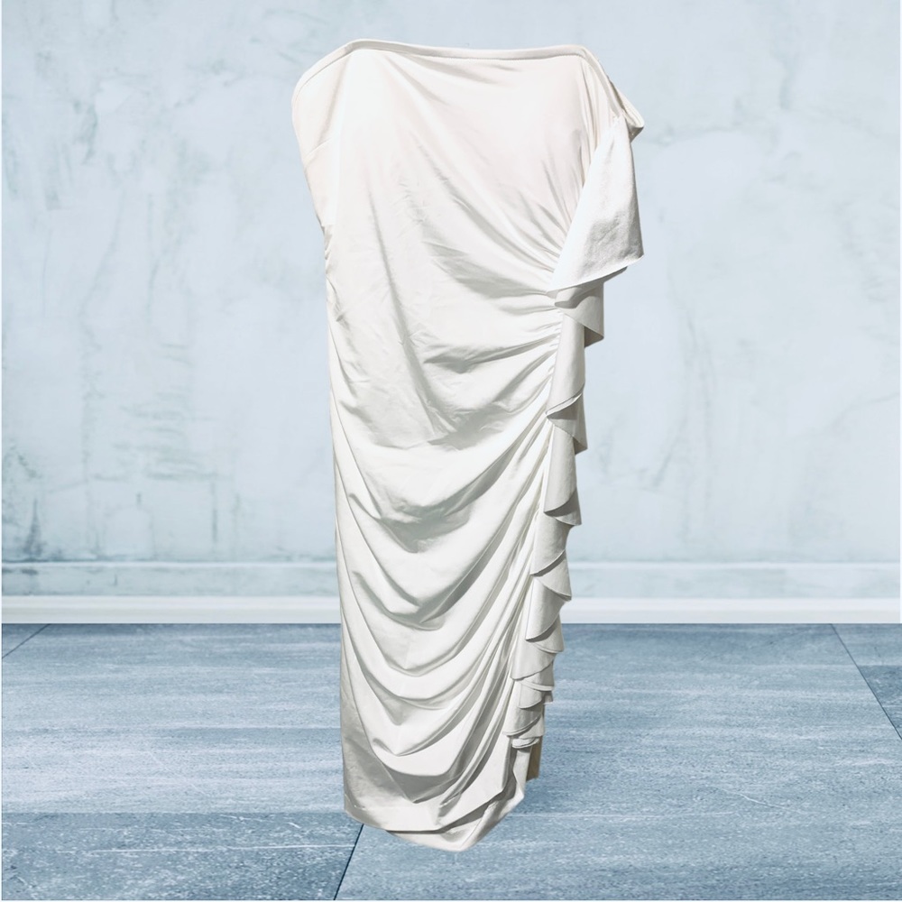 Cache White/Cream Off-Shoulder Draped Midi Dress